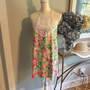 Lilly Pulitzer Pink and Green halter Dresswith crochet detail
